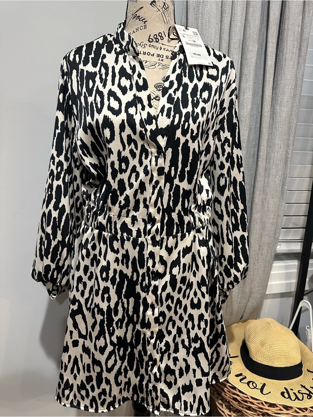 Zara Black and Cream Leopard Print Shirt Dress